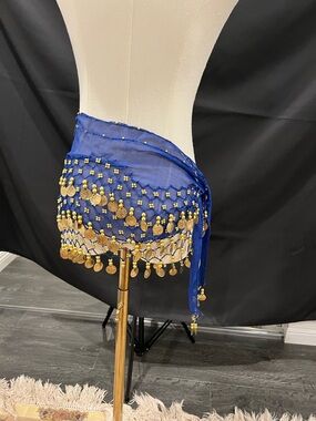 Blue Belly Dance Hip Scarf with Gold Coins
